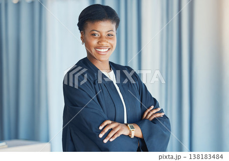 Lawyer, portrait and black woman in office with arms crossed in confidence for justice, law firm and legal career. Judge, smile or face of attorney with pride in court or human rights advocate Lawyer, portrait and black woman in office with arms crossed in confidence for justice, law firm and legal career. Judge, smile or face of attorney with pride in court or human rights advocate 138183484