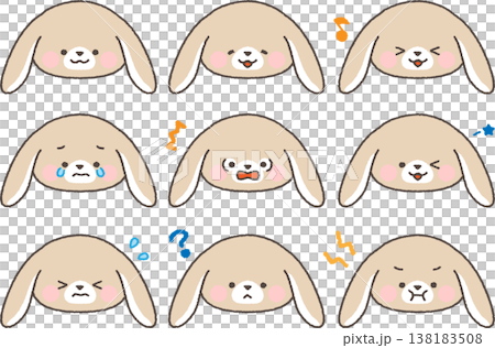 Loop-eared bunny face icon, expression set, with outlines. 138183508
