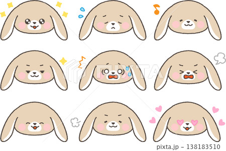 たれみみうさぎの顔アイコン コミカル表情セット 線あり たれみみうさぎの顔アイコン コミカル表情セット 線あり 138183510