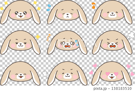 たれみみうさぎの顔アイコン コミカル表情セット 線あり たれみみうさぎの顔アイコン コミカル表情セット 線あり 138183510
