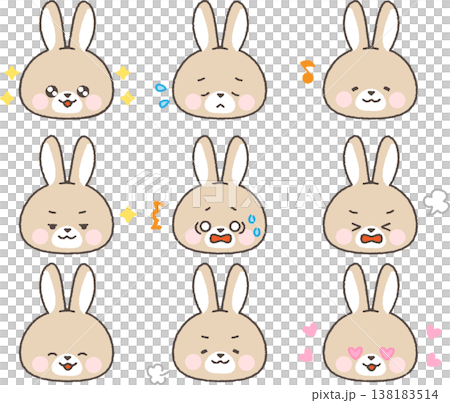 Brown rabbit face icon, comical expression set, with outlines. 138183514