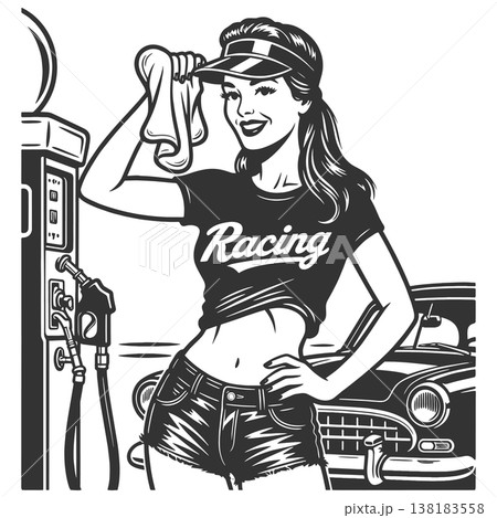 Smiling woman in racing outfit at gas station Smiling woman in racing outfit at gas station 138183558