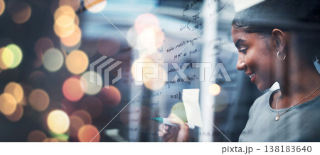 Happy woman, writing and schedule planning at night on glass board for strategy or ideas at office on bokeh background. Female person smile working late on project plan, tasks or agenda at workplace Happy woman, writing and schedule planning at night on glass board for strategy or ideas at office on bokeh background. Female person smile working late on project plan, tasks or agenda at workplace 138183640