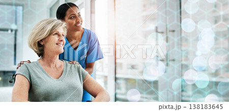 Patient with disability, nurse and smile in hospital for healthcare, wellness and medicare. Medical professional, bokeh and overlay in mockup with people for support, elderly assistance and insurance Patient with disability, nurse and smile in hospital for healthcare, wellness and medicare. Medical professional, bokeh and overlay in mockup with people for support, elderly assistance and insurance 138183645