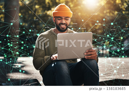 Man, student and laptop hologram of internet, information technology and software development research on campus. African person on computer, data integration and plexus network and university park 138183685