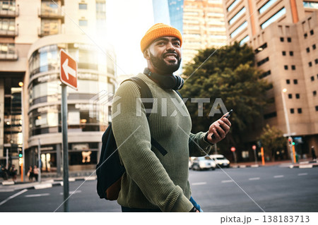 City, thinking and black man with a smartphone, smile and connection with social media, travel and internet. African person, mobile user and guy with cellphone, digital app and outdoor with ideas 138183713