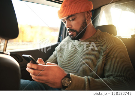 Man, smartphone in car and social media, travel and transportation, navigation app and communication. Email, chat and taxi cab, technology and text message with transport and search location online Man, smartphone in car and social media, travel and transportation, navigation app and communication. Email, chat and taxi cab, technology and text message with transport and search location online 138183745
