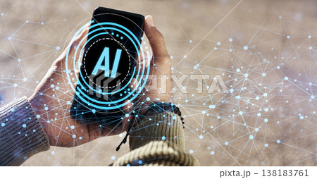 Phone screen, hands and artificial intelligence hologram of software development, outdoor communication and chat. Person on mobile app, plexus overlay or AI data for futuristic information technology 138183761