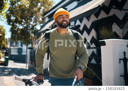 Bicycle, walking and man in city for travel, adventure and journey for weekend, holiday or vacation. Fashion, style and person on bike for eco friendly transport, carbon footprint and cycling in road 138183825