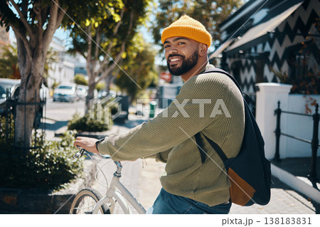 Bicycle, fashion and portrait of man in city for commute, adventure and journey in urban town. Fashion, style and happy person on bike for eco friendly transport, carbon footprint and cycling in road Bicycle, fashion and portrait of man in city for commute, adventure and journey in urban town. Fashion, style and happy person on bike for eco friendly transport, carbon footprint and cycling in road 138183831