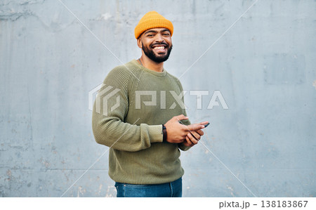 Phone, portrait and young man by wall networking on social media, mobile app or the internet. Technology, happy and person from Colombia scroll on website with cellphone in city by gray background. Phone, portrait and young man by wall networking on social media, mobile app or the internet. Technology, happy and person from Colombia scroll on website with cellphone in city by gray background. 138183867