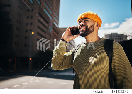 Happy man, phone call and walking outdoor for college communication, scholarship opportunity and good news. African student, smile and thinking with mobile conversation and contact in city or travel 138183887
