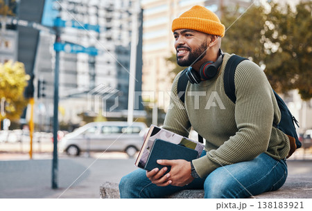 Happy man sitting in city with university books and smile on morning relax at campus for education with backpack. Learning, studying and college student waiting on urban street with school notebook. Happy man sitting in city with university books and smile on morning relax at campus for education with backpack. Learning, studying and college student waiting on urban street with school notebook. 138183921