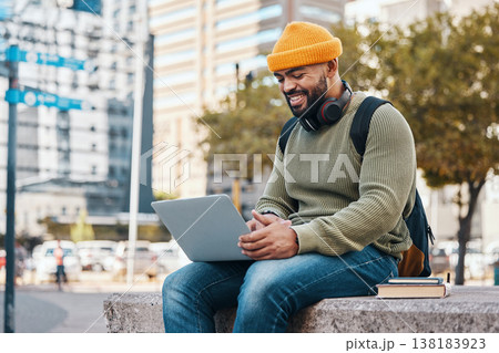 Student, man and laptop in city for college application, university research or scholarship website information. Happy african person on computer, typing and studying philosophy or language on campus Student, man and laptop in city for college application, university research or scholarship website information. Happy african person on computer, typing and studying philosophy or language on campus 138183923