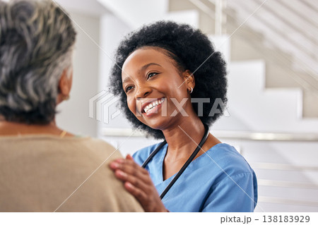 Black woman nurse, senior patient and help at retirement home with elderly care, support and counseling. People sitting together, healthcare and wellness with advice, kindness and respect with trust Black woman nurse, senior patient and help at retirement home with elderly care, support and counseling. People sitting together, healthcare and wellness with advice, kindness and respect with trust 138183929