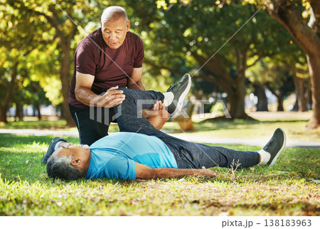 Leg, park and men for fitness physiotherapy, support or help with exercise. Wellness, training and senior coach with an elderly athlete for a warm up on the grass for sports or rehabilitation Leg, park and men for fitness physiotherapy, support or help with exercise. Wellness, training and senior coach with an elderly athlete for a warm up on the grass for sports or rehabilitation 138183963