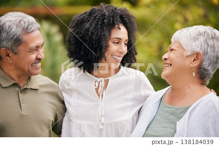 Happy family, smile and people with support outdoor in nature for happiness, bonding and care with love. Holiday, man and women or parents with girl child in garden of home in summer for peace or joy 138184039