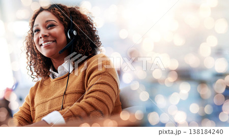 Happy woman, call center and headphones on bokeh background in customer service or help at office. Friendly female person, consultant or agent smile in online advice, contact us or virtual assistance Happy woman, call center and headphones on bokeh background in customer service or help at office. Friendly female person, consultant or agent smile in online advice, contact us or virtual assistance 138184240