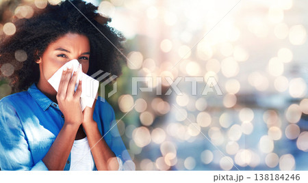 Black woman, blowing nose and allergies, sick with health fail on banner and bokeh, portrait and sinus infection. Healthcare, wellness and illness with mockup space, toilet paper for cold or flu 138184246