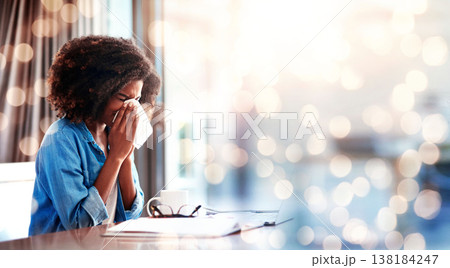 Woman, blowing nose and allergies while working from home, sick with virus and banner, mockup space and bokeh. Health crisis, flu and freelancer with toilet paper for sinus infection and remote work Woman, blowing nose and allergies while working from home, sick with virus and banner, mockup space and bokeh. Health crisis, flu and freelancer with toilet paper for sinus infection and remote work 138184247