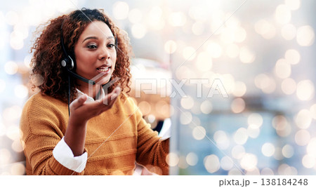 Business woman, call center and speaking on computer for communication, customer support or advice with mockup space. Professional african consultant with information or virtual chat in bokeh overlay Business woman, call center and speaking on computer for communication, customer support or advice with mockup space. Professional african consultant with information or virtual chat in bokeh overlay 138184248