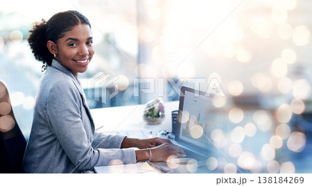 Mockup, laptop and portrait of business black woman online for research, website and internet. Overlay banner, corporate worker and person for career opportunity, job or work for startup company Mockup, laptop and portrait of business black woman online for research, website and internet. Overlay banner, corporate worker and person for career opportunity, job or work for startup company 138184269