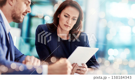 Business people, man and woman with tablet, typing and brainstorming with internet, website information or collaboration. People, employee or consultant with tech, teamwork and cooperation with ideas Business people, man and woman with tablet, typing and brainstorming with internet, website information or collaboration. People, employee or consultant with tech, teamwork and cooperation with ideas 138184343