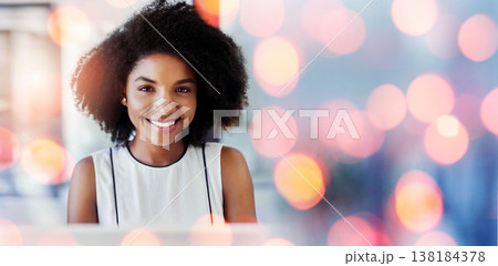 Bokeh, mockup and portrait of woman in office with smile, confidence and administration at startup business. Face, pride and businesswoman at desk with recruitment at digital agency, space and lights 138184378