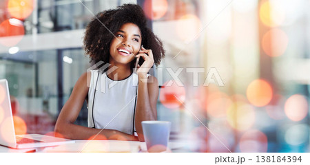 Phone call, bokeh and business woman in office in discussion for b2b deal, agreement or merge. Technology, smile and professional African female hr on mobile conversation with cellphone in workplace. 138184394