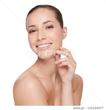 Woman, skincare and portrait hand in studio smile for beauty, health or cosmetic skin peel. Female model, natural detox and hydra facial wellness glow results, shine for hydration on white background Woman, skincare and portrait hand in studio smile for beauty, health or cosmetic skin peel. Female model, natural detox and hydra facial wellness glow results, shine for hydration on white background 138184477