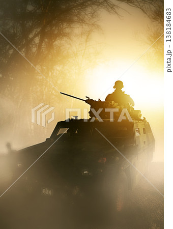 War, explosion and military tank with soldier silhouette on battlefield in conflict and politics. Orange light, fire and smoke from fight, person in armed forces and warzone with army warrior outdoor War, explosion and military tank with soldier silhouette on battlefield in conflict and politics. Orange light, fire and smoke from fight, person in armed forces and warzone with army warrior outdoor 138184683