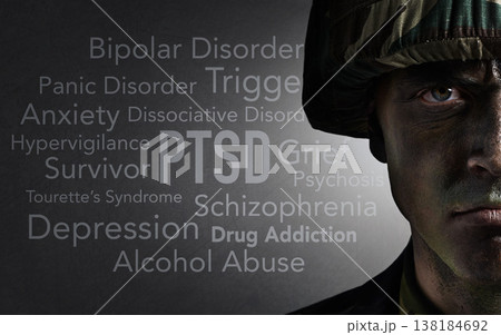 Soldier portrait, words and overlay with anxiety, PTSD and psychology text of a veteran and man. Military, letter collage and problems from war, battlefield and fight trauma with grief of hero 138184692