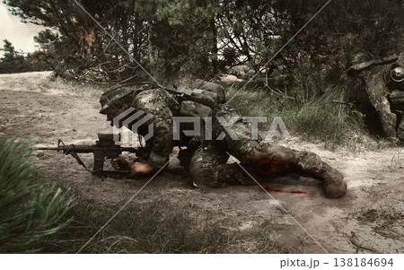 Military, soldier and aim target on ground for service, battlefield or fight in forest with army uniform, guns and protection. Warzone, warrior and person in camp for target in wood for defence duty Military, soldier and aim target on ground for service, battlefield or fight in forest with army uniform, guns and protection. Warzone, warrior and person in camp for target in wood for defence duty 138184694