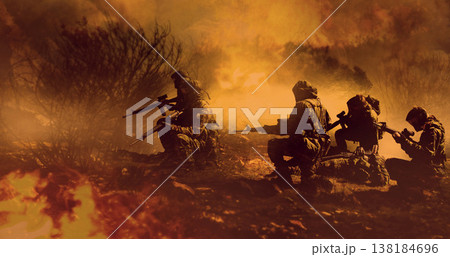 Battlefield, military or army with conflict, people or nature with explosion, shooting or warzone. Warrior, men or women outdoor, gun or mission with service, firearms or soldier with gear or courage Battlefield, military or army with conflict, people or nature with explosion, shooting or warzone. Warrior, men or women outdoor, gun or mission with service, firearms or soldier with gear or courage 138184696