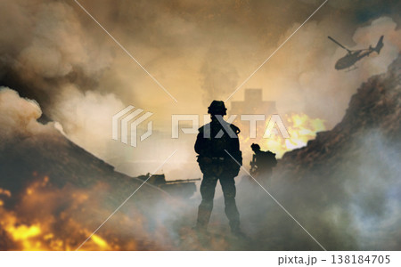 War, explosion and smoke, soldier silhouette on battlefield with conflict, military vehicle and politics. Helicopter, fire and chaos from fight, people in armed forces and warzone with army warrior 138184705