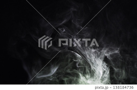 Smoke, dark background and mist, fog or gas on mockup space wallpaper. Cloud, smog and magic effect on black backdrop of steam with abstract texture, dry ice pattern or vapor of incense moving in air 138184736