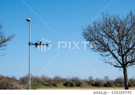 Black drone fllying in the blue sky near the field and much trees. Innovative modern technology. Black drone fllying in the blue sky near the field and much trees. Innovative modern technology. 138184745