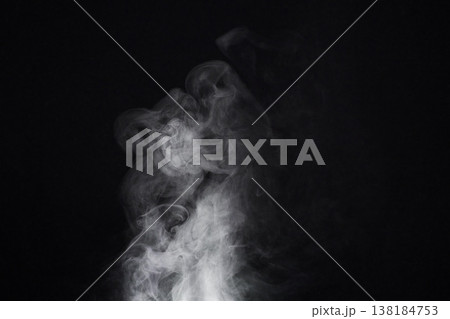 Smoke, dark background and mist, fog or gas on mockup space wallpaper. Cloud, smog and magic effect on black backdrop of steam with abstract texture, dry ice pattern or vapor of incense moving in air 138184753