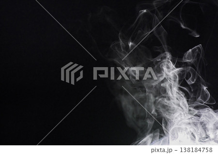 Smoke, dark background and incense, fog or gas on mockup space wallpaper. Cloud, smog and magic effect on black backdrop of steam with abstract texture, dry ice pattern or vapor of mist moving in air 138184758
