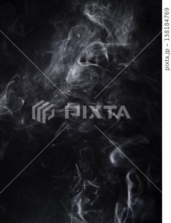 Smoke, dark background and steam, fog or gas on mockup space wallpaper. Cloud, smog and magic effect on black backdrop of mist with abstract texture, dry ice pattern or vapor of incense moving in air 138184769