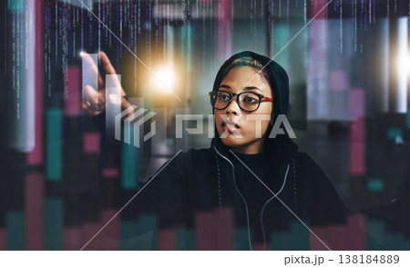 Woman, hacker and digital overlay at night in cybersecurity, programming or cryptocurrency at basement. Serious female person, employee or programmer working late on problem, cyber attack or malware Woman, hacker and digital overlay at night in cybersecurity, programming or cryptocurrency at basement. Serious female person, employee or programmer working late on problem, cyber attack or malware 138184889
