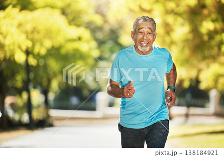Portrait, summer and an old man running in the park for fitness, cardio training or a marathon. Exercise, smile and a happy senior runner outdoor for a workout to improve health or wellness on space Portrait, summer and an old man running in the park for fitness, cardio training or a marathon. Exercise, smile and a happy senior runner outdoor for a workout to improve health or wellness on space 138184921