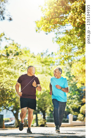 Senior, men and running for exercise in road of city for wellness, fitness or workout outdoor with smile. Elderly, people and training together in nature or park for health, adventure and happiness Senior, men and running for exercise in road of city for wellness, fitness or workout outdoor with smile. Elderly, people and training together in nature or park for health, adventure and happiness 138184935
