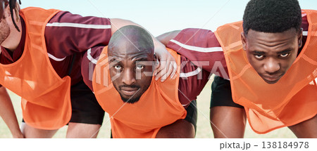 Rugby team, scrum and men in portrait for training, exercise and workout together. Sports, group huddle and serious face of people in collaboration, support and solidarity for competition outdoor. Rugby team, scrum and men in portrait for training, exercise and workout together. Sports, group huddle and serious face of people in collaboration, support and solidarity for competition outdoor. 138184978