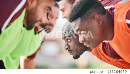 Rugby, scrum and team training, exercise or competition outdoor for game. Sports, fitness and serious group in match for performance, workout or strong men practice for healthy body together at field 138184979