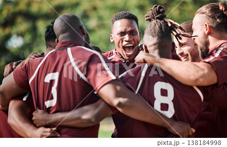 Football team, hug in circle and happy on sports field with shout, victory and final competition. Men, diversity and professional sport with collaboration in friendship and teamwork with excited 138184998