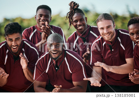 Sports, portrait and team on field for motivation in applause, cheers at competition or happy support. Smile, men and teamwork in rugby, friends at training with praise, celebration and game together Sports, portrait and team on field for motivation in applause, cheers at competition or happy support. Smile, men and teamwork in rugby, friends at training with praise, celebration and game together 138185001