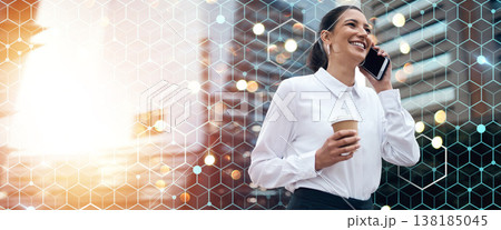 Phone call, business and woman in city overlay with deal, hexagon grid and corporate connectivity. Digital hologram, negotiation chat and businesswoman with mobile, mockup and networking opportunity. Phone call, business and woman in city overlay with deal, hexagon grid and corporate connectivity. Digital hologram, negotiation chat and businesswoman with mobile, mockup and networking opportunity. 138185045