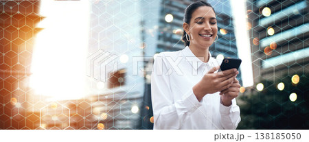 Overlay, city and woman with a smartphone, business and connection with social media, post and typing. Happy person outdoor, employee or worker with a cellphone, digital app or banner with lens flare Overlay, city and woman with a smartphone, business and connection with social media, post and typing. Happy person outdoor, employee or worker with a cellphone, digital app or banner with lens flare 138185050