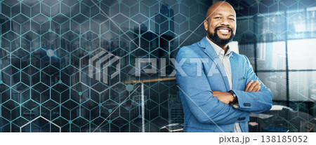 Portrait, employee and black man with banner, arms crossed and startup with accountant, career and success. Face, African person and financial advisor with overlay, work or professional with investor 138185052